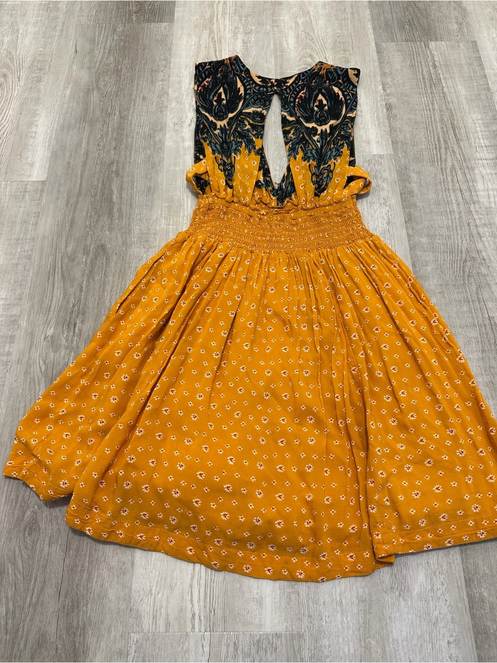 Free People Mustard Yellow Floral Skirt with Navy Printed Bodice